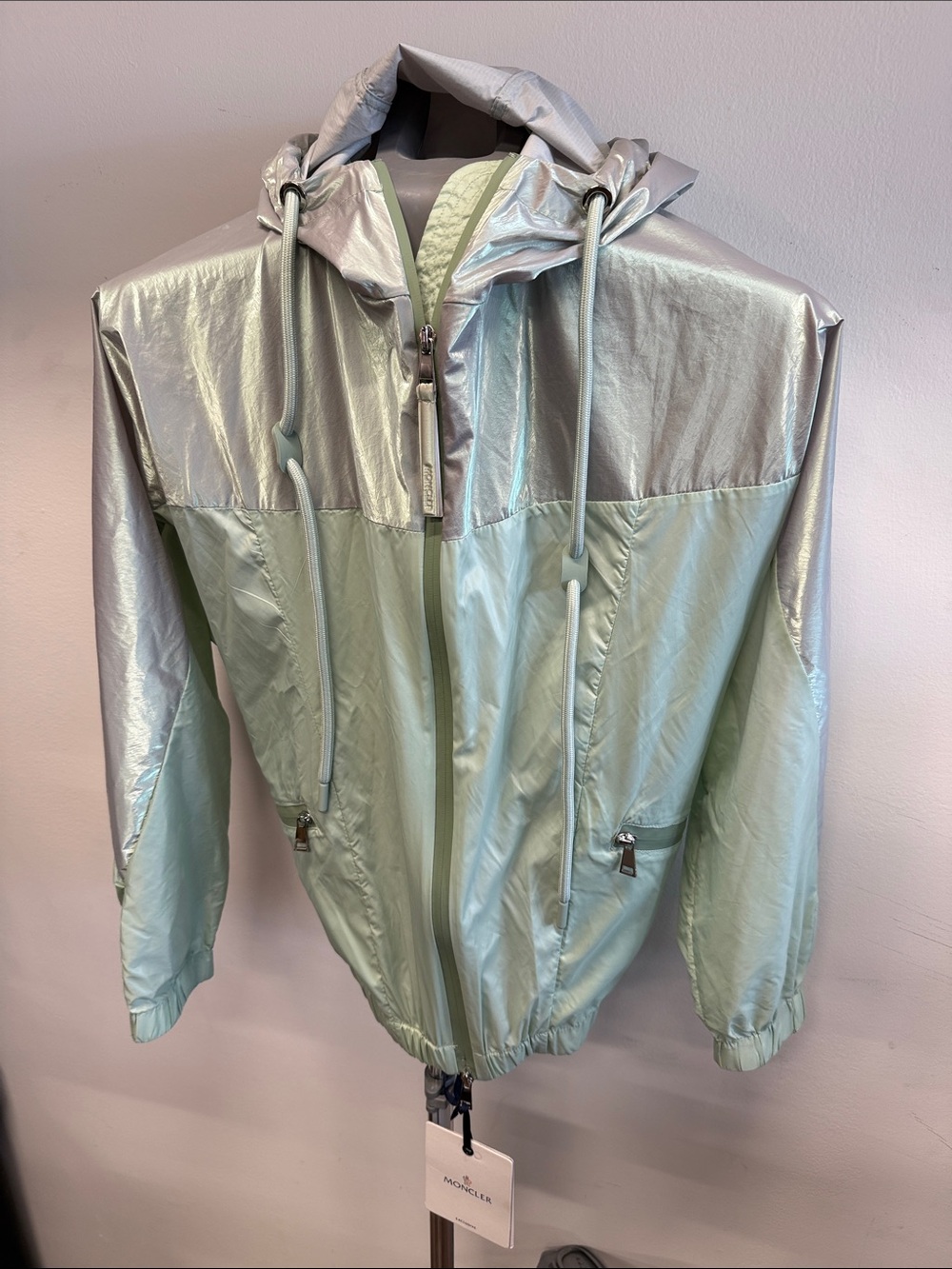 Moncler Iridescent Mint and Silver Hooded Windbreaker